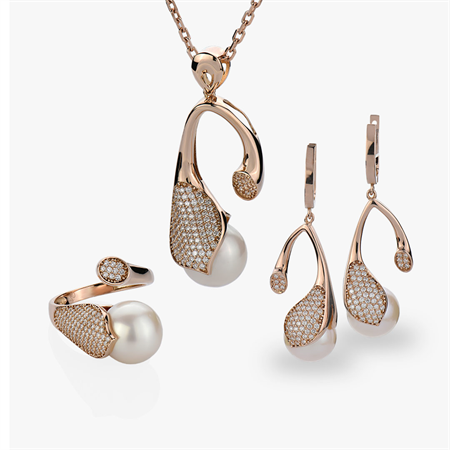 pearl-rose-gold-halfset-with-shiny-diamonds-and-pink-chain-14827-14828-14829 گوشواره طلای طرح مینیاتور کد 1005 - تصویر 1